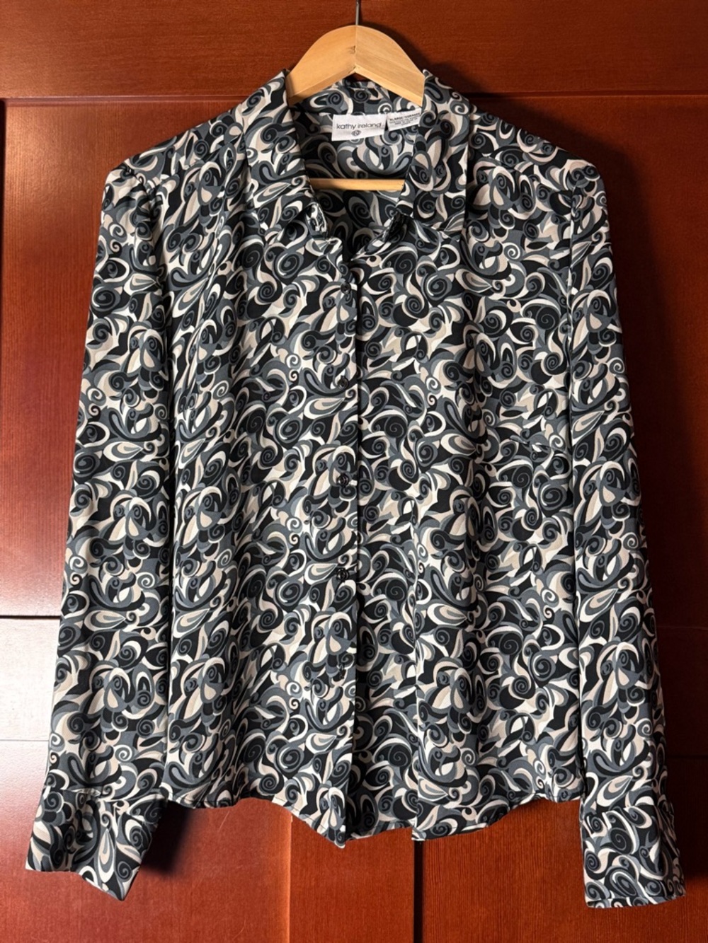 Vintage Kathy Ireland Neutral Tones Swirl Print Career Blouse Size XL